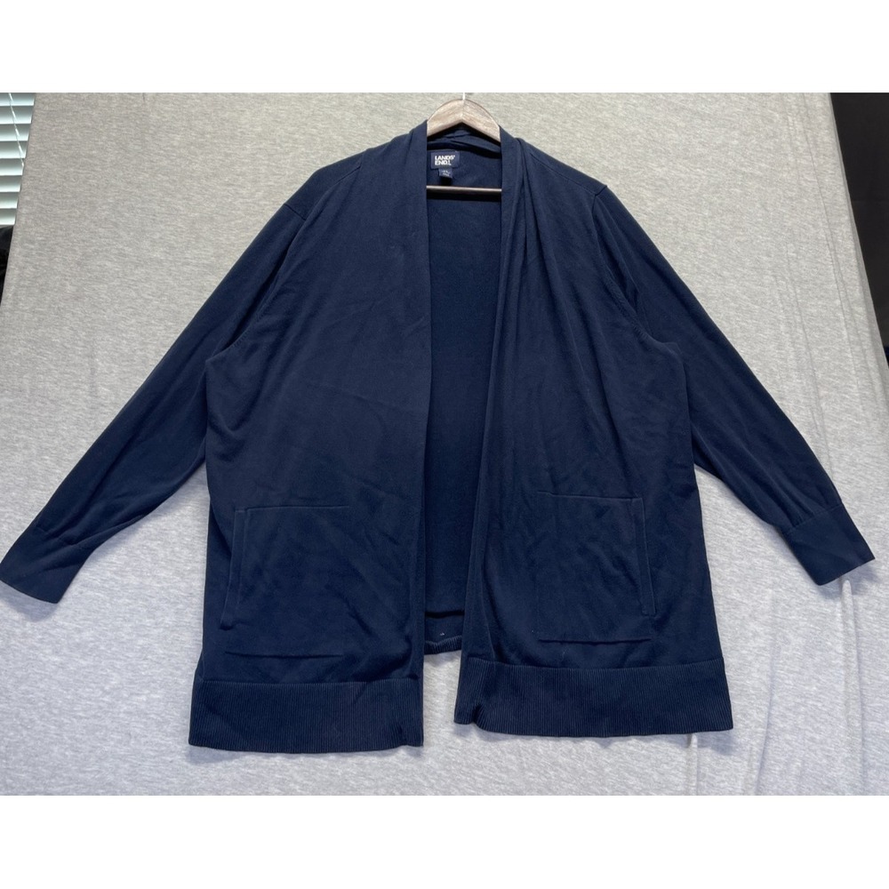 Lands' End Cardigan Sweater Womens 2X (20W-22W) Navy Blue Tight Knit Open Front